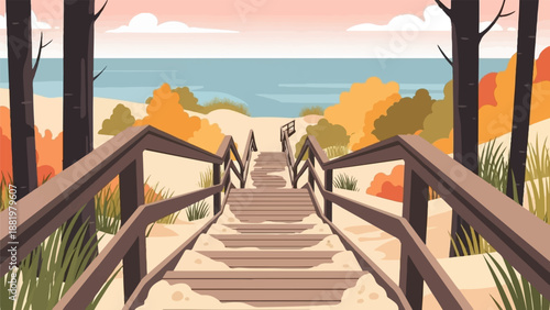 Wooden stairs lead to the beach through autumnal trees and sand dunes