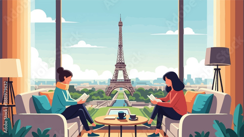 Two women relax indoors reading books with Eiffel Tower view, Paris