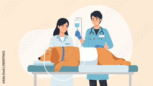 Veterinarians attending to a dog on a medical table