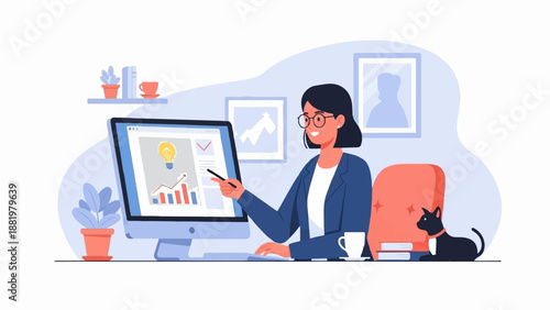 Woman in glasses analyzes graph on computer screen with cat nearby