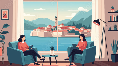 Two women relax indoors, tablets in hand, with a coastal town view