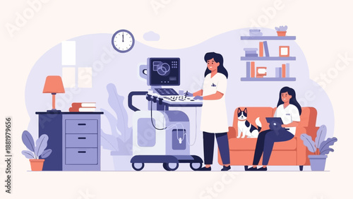 Veterinary clinic scene with ultrasound machine, staff, patient, and dog