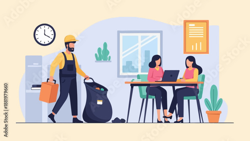 Worker collects trash while two women work on laptops at desk