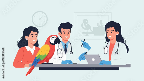 Veterinarians examining a colorful parrot with a client at a clinic