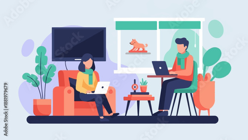 Two people working on laptops in a cozy living room with plants