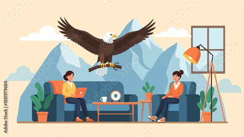 Two women relax indoors while a majestic eagle flies overhead above mountains