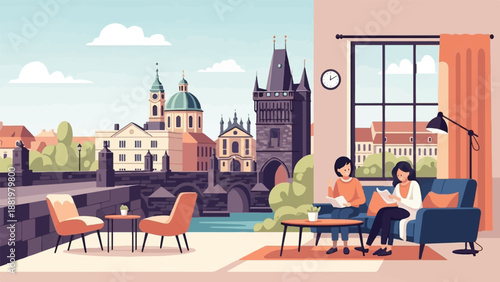 Two women relax indoors with a view of an old European cityscape, bridge