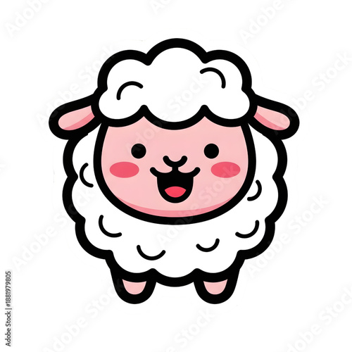 Smiling Sheep with Blush Cheeks in Cute Kawaii Cartoon Style