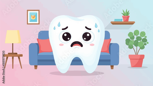 Worried cartoon tooth sits on a sofa at home