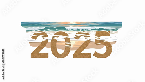 Year 2025 depicted as a beach scene with ocean waves and sandy shore