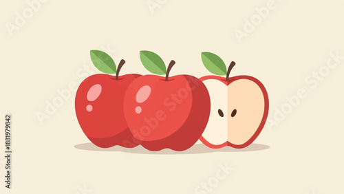 Two whole red apples and one half apple with seeds