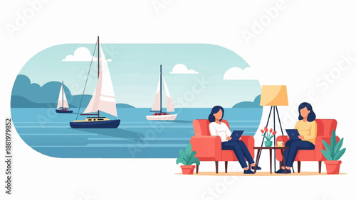 Two women relax indoors with laptops while sailboats glide on a calm ocean
