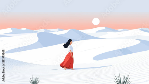 Woman in red skirt walking in a desolate sandy desert under a pale sky