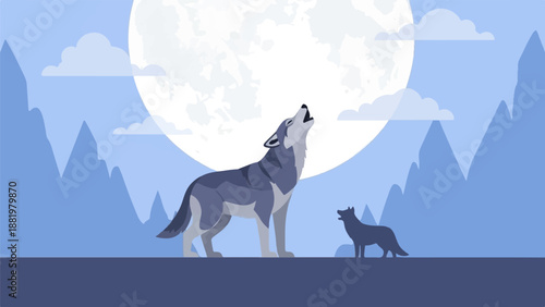 Two wolves howl at a large full moon against a mountain backdrop under clouds
