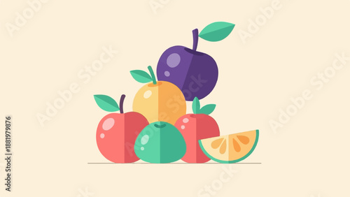 Vibrant flat illustration of assorted fruits arranged in a visually appealing pile