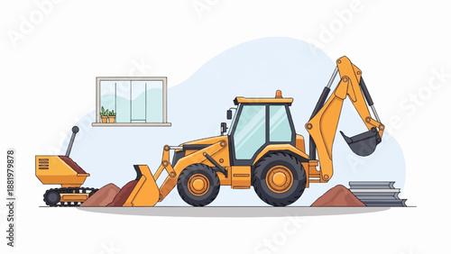 Yellow backhoe and mini digger on construction site with dirt piles