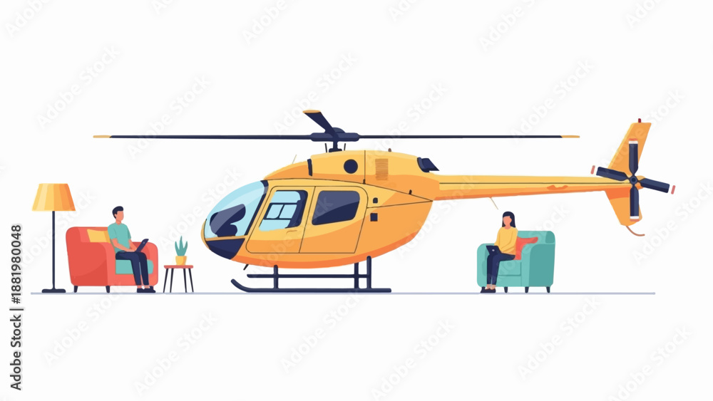 Fototapeta premium Yellow helicopter parked in a living room with people sitting in chairs