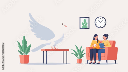 Two women relax on a couch as a dove perches on a table nearby