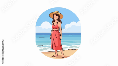 Woman in sun hat and dress on beach with ocean and clouds background