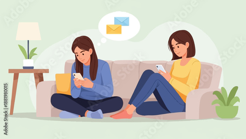 Two women relax on a couch using their smartphones and receiving messages