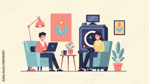 Two people working on laptops in a cozy, art-filled living room