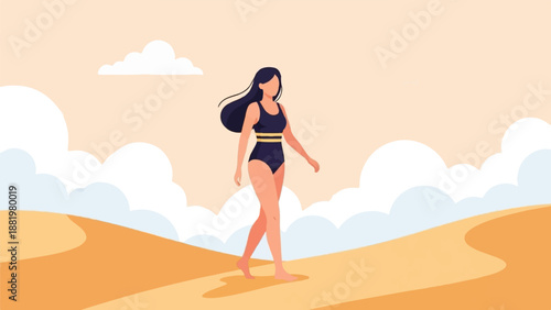 Woman in swimsuit walking through a desert landscape under a cloudy sky