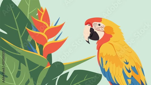 Vibrant parrot amidst lush green foliage and striking orange flowers