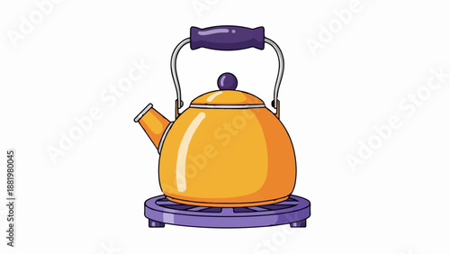 Yellow kettle with purple handle on purple stand, pixelated style