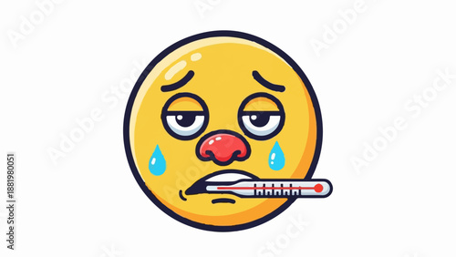 Yellow face with droopy eyes, red nose, tears, and thermometer in mouth