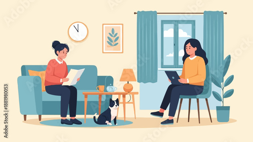 Two women and a cat relax in a cozy living room setting