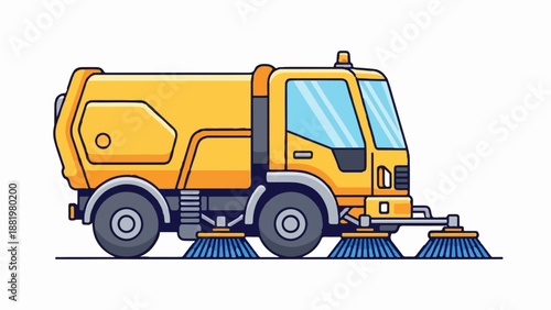 Yellow street sweeping truck with blue bristles on rotating brushes and roof light