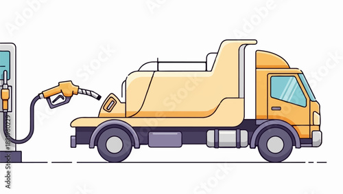 Yellow tanker truck refueling at a gas station