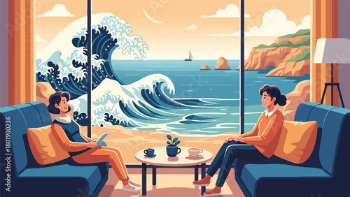 Two women relax on sofas, enjoying coffee and a view of massive ocean waves