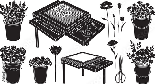 Floral arrangement tools and flowers in black and white