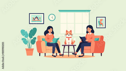 Two women relax on sofas reading books with a cat watching