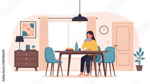 Woman in yellow sweater drinks coffee at wooden table with food