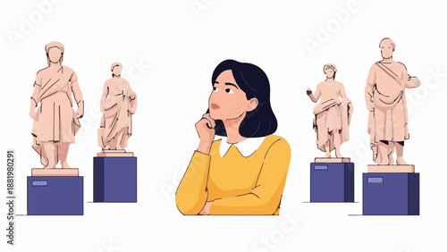 Woman in yellow top contemplating ancient statues in a museum