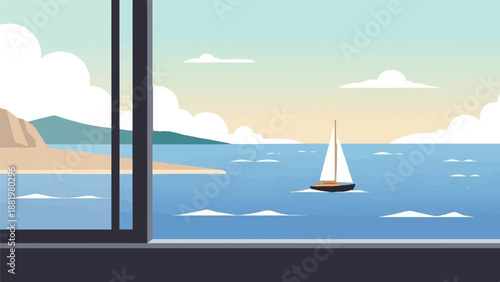 View of a sailboat on a tranquil blue sea from a room's window