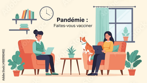 Two women and a dog in armchairs near a window with plants and books