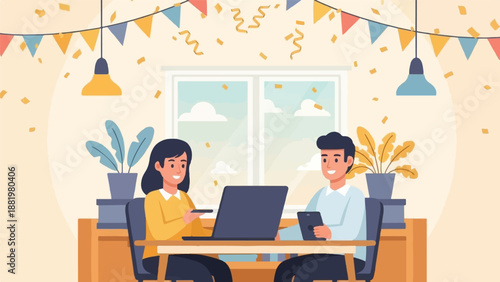 Two people working on laptops at a table, with decorations above