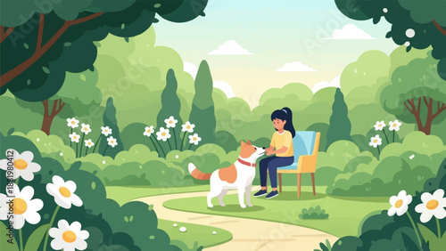 Young girl sits on a park bench, interacting with her dog amidst lush greenery