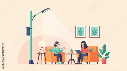 Two women relaxing indoors with tech and plants, illuminated by a lamp
