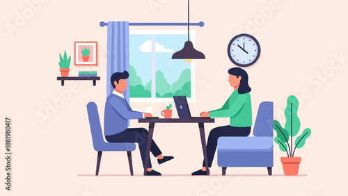 Two people working on laptops at a table with a window and plants