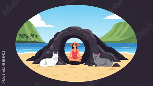 Woman meditating with pets on a tropical beach inside a rock arch