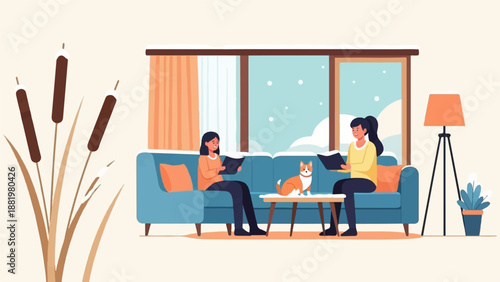 Two women and a dog reading books indoors with a snowy landscape outside