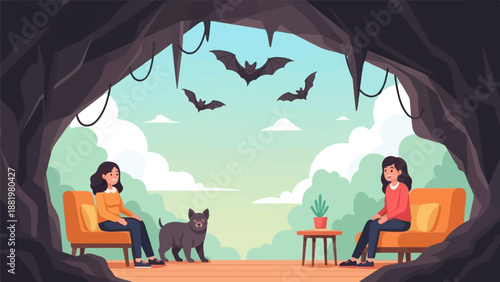 Two women and a dog relax in a cave with bats flying outside