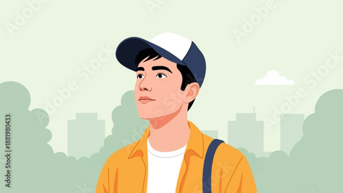 Young man in a cap and orange shirt with a cityscape and clouds background