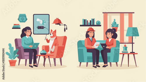 Two women and a dog interact with technology in cozy indoor settings