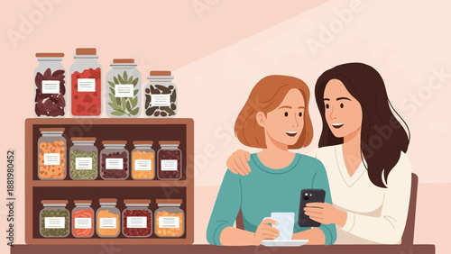 Two women share a moment looking at a phone, near shelves of jars