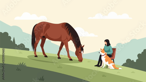 Woman on bench with dog watches horse graze in grassy, hilly landscape